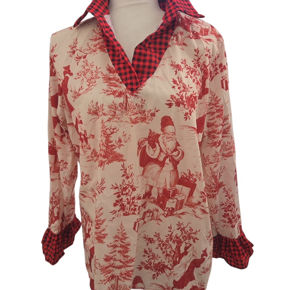 Cherry Betty Red and Cream Santa Christmas Holidays Blouse Shirt Large